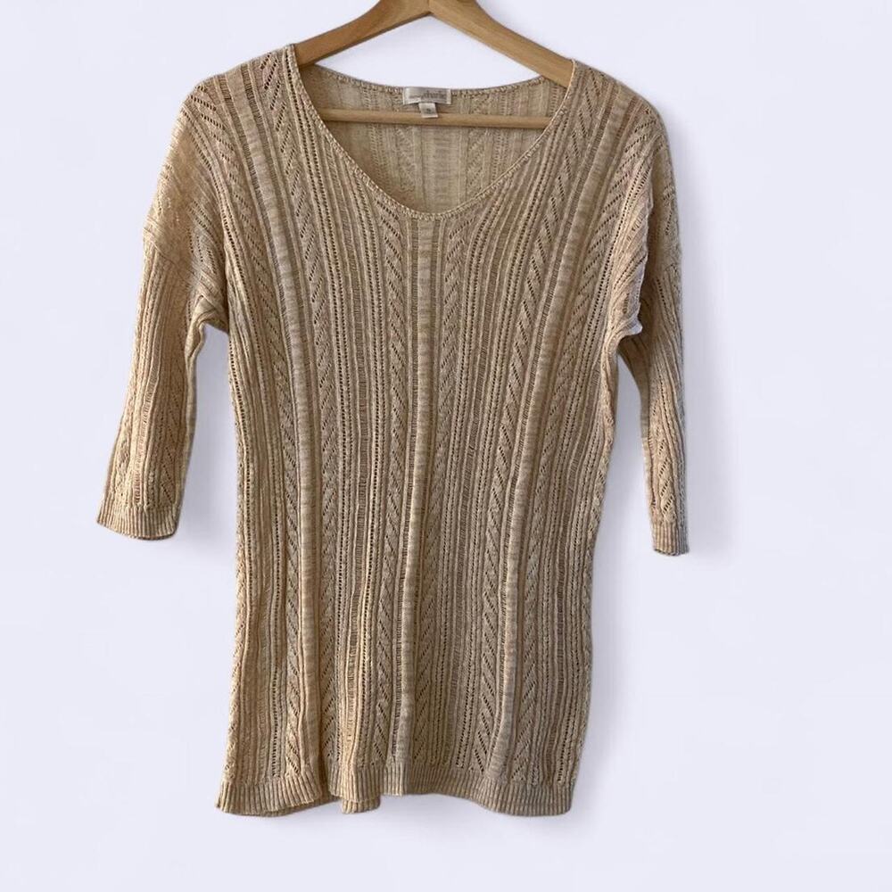 Charming Charlie Tan and cream 3/4 sleeve sheer sweater design